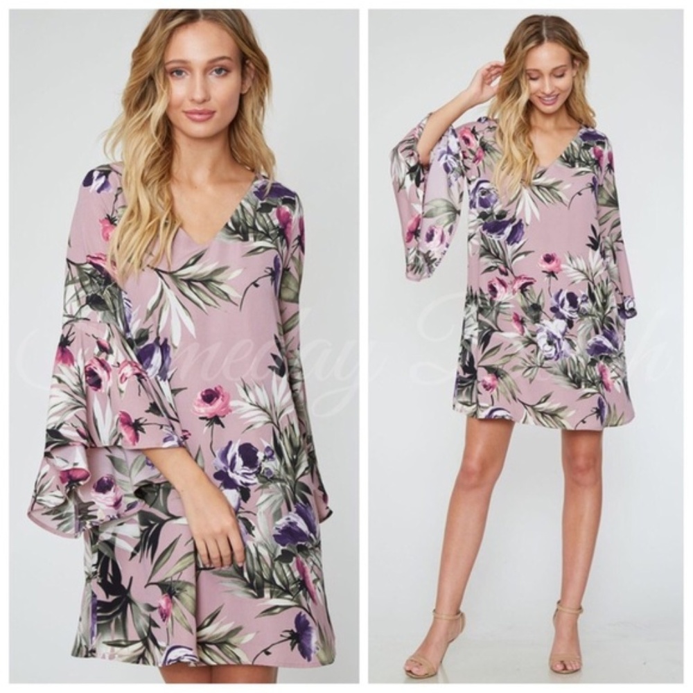 Mauve floral bell-sleeve tunic dress - Picture 1 of 2